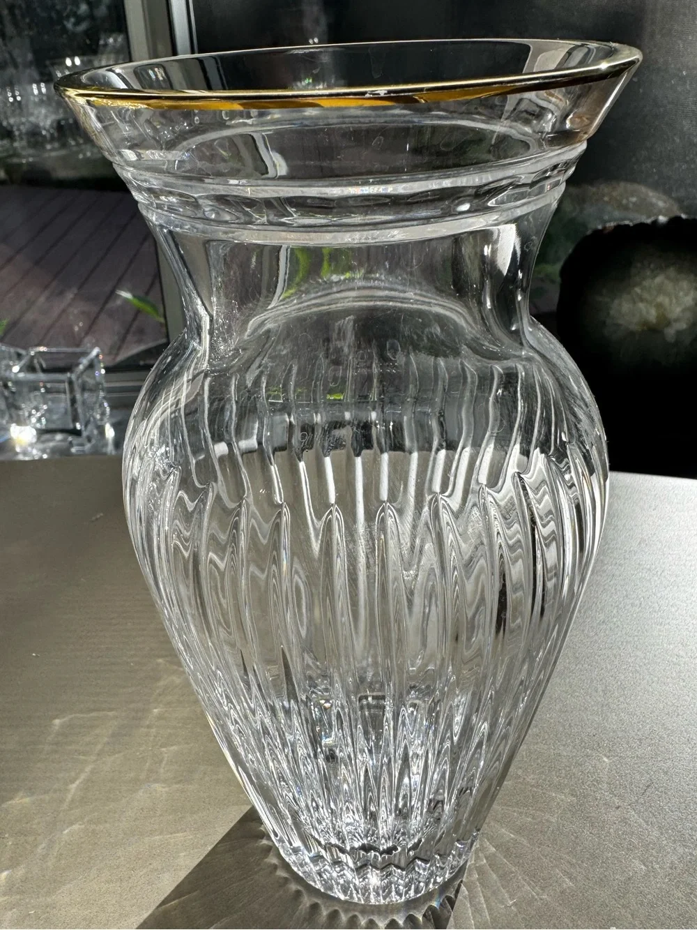 Marquis by Waterford Crystal Vase Gold Rim Optic Cut Flared Vintage